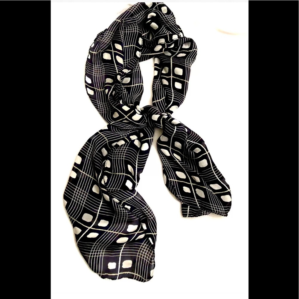 Silk Scarf Country Road Hand Rolled Black and White Preowned